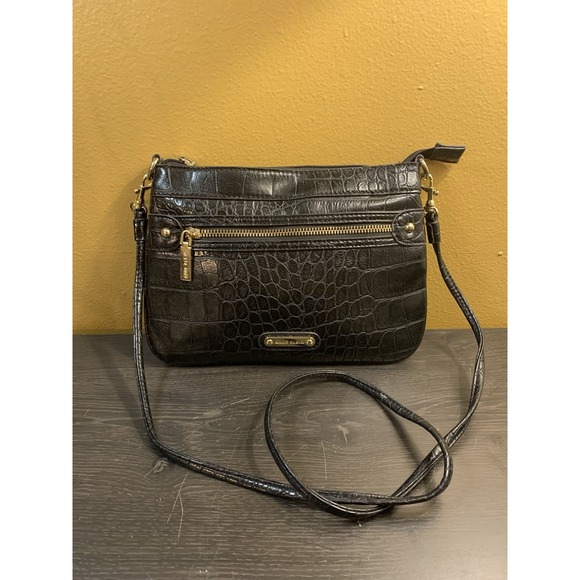 Anne Klein Purse Crossbody‎ Handbag Crocodile Pebble Black, Gold Tone Zipper - Picture 1 of 13